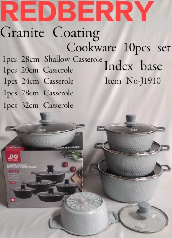 10-Piece Redberry JIO Granite Nonstick Cookware Set – Grey