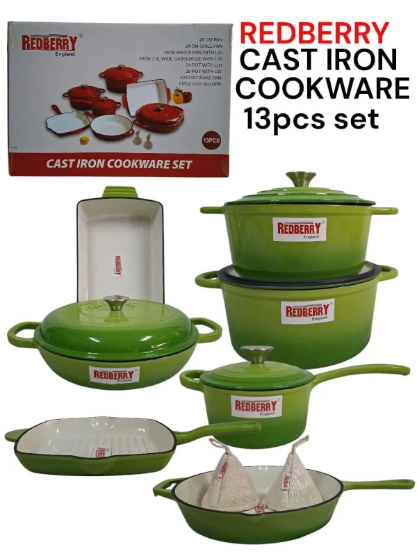 13-Piece Enamel Coated Cast Iron Cookware Set – Green