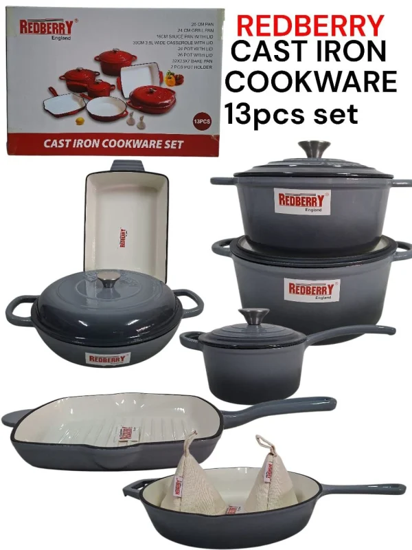 13-Piece Enamel Coated Cast Iron Cookware Set – Grey
