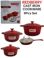 9-Piece REDBERRY Enamel Coated Cast Iron Cookware Set – Red