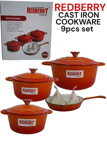 9-Piece REDBERRY Enamel Coated Cast Iron Cookware Set – Orange