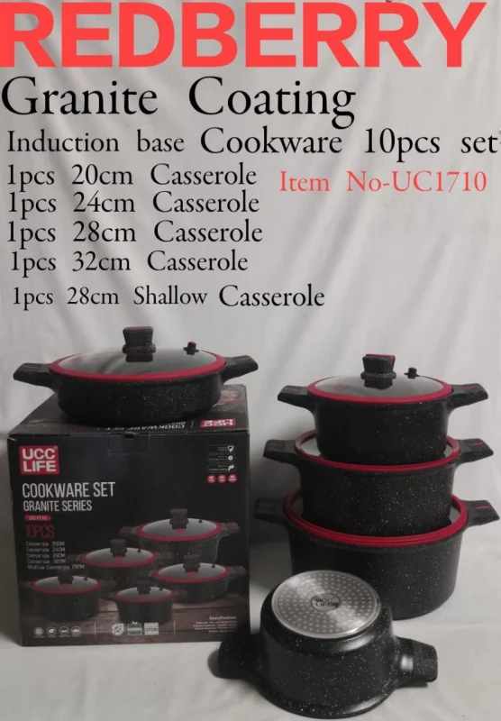 10-Piece REDBERRY Granite Nonstick Cookware Set – Black & Red