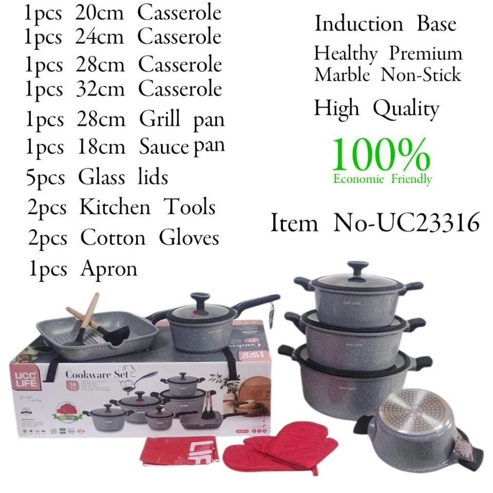 16-Piece REDBERRY UCC LIFE Granite Nonstick Cookware Set – Grey