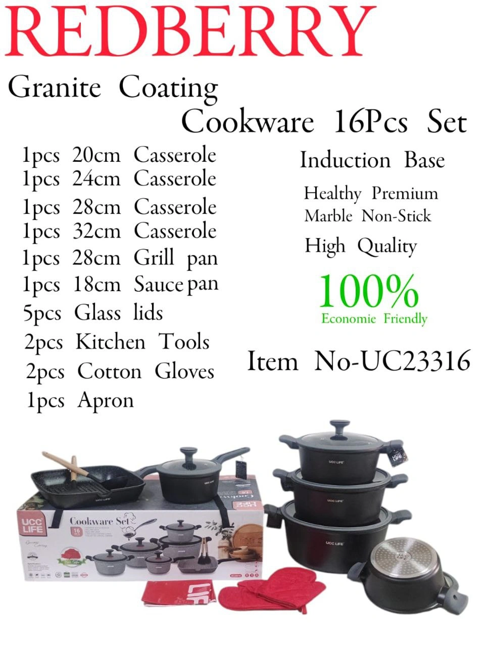 16-Piece REDBERRY UCC LIFE Granite Nonstick Cookware Set – Black
