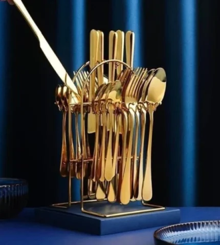 24-Piece Gold Stainless Steel Cutlery Set with Stand