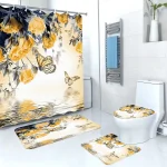 3D 4-in-1 Bathroom Mat Set with Waterproof Shower Curtain – Print 6