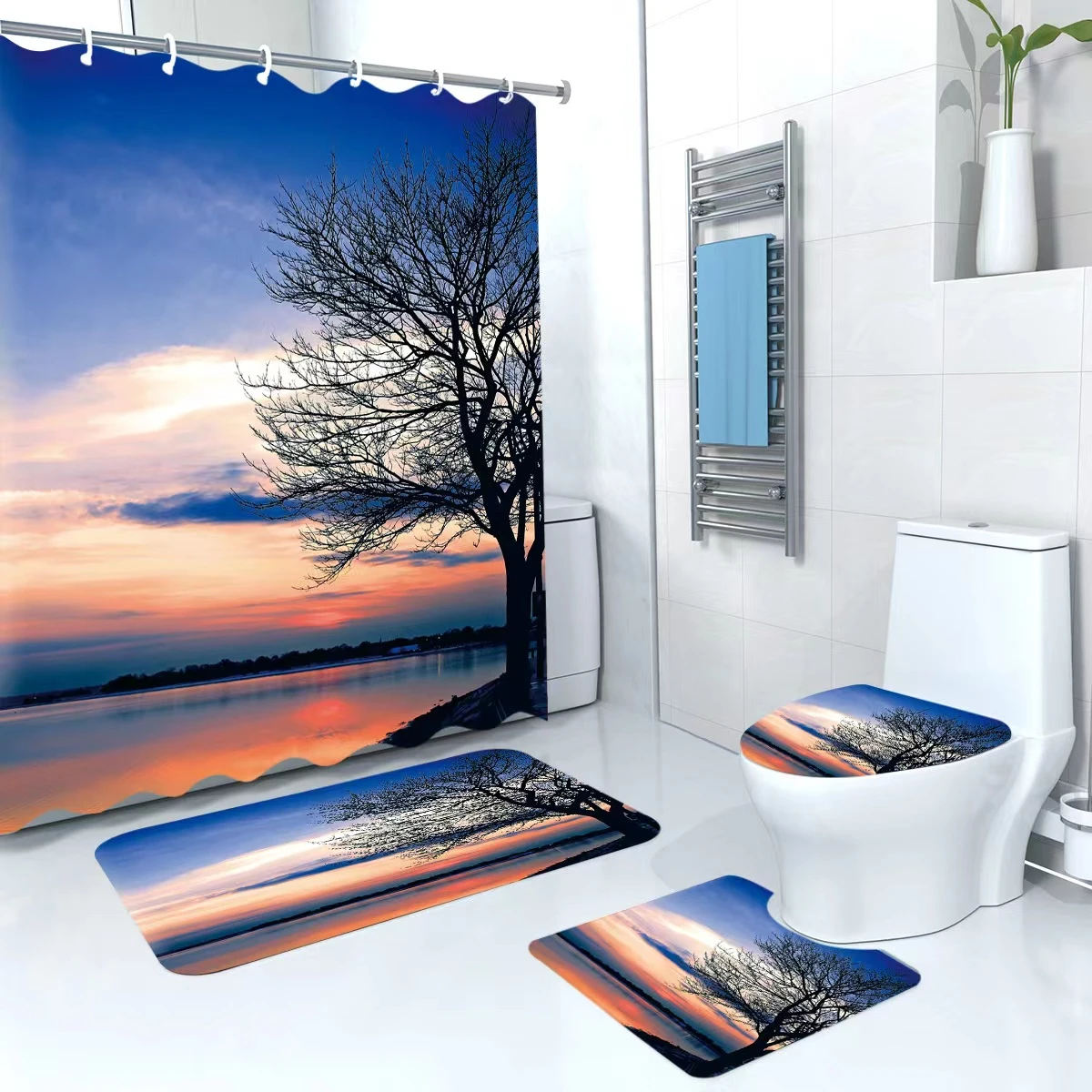 3D 4-in-1 Bathroom Mat Set with Waterproof Shower Curtain – Print 1