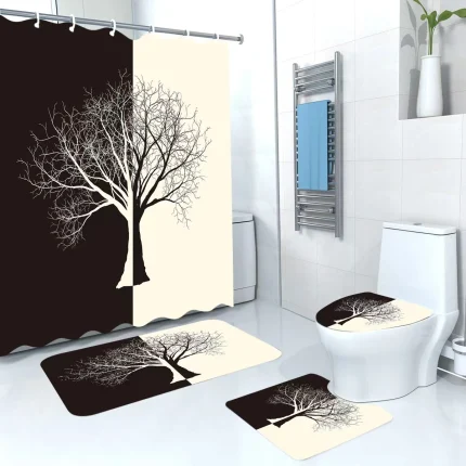 3D 4-in-1 Bathroom Mat Set with Waterproof Shower Curtain – Print 2