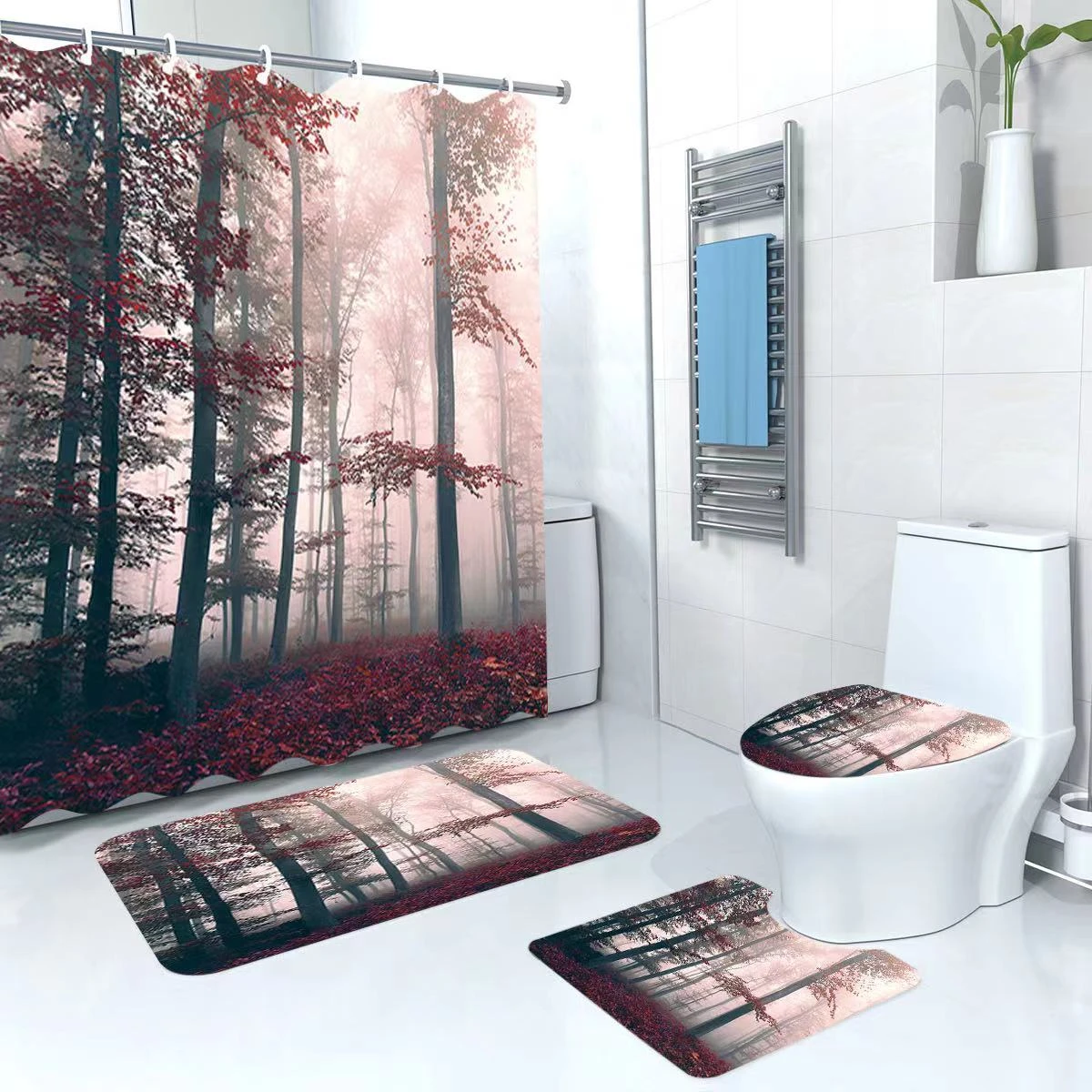 3D 4-in-1 Bathroom Mat Set with Waterproof Shower Curtain – Print 4