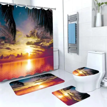 3D 4-in-1 Bathroom Mat Set with Waterproof Shower Curtain – Print 5