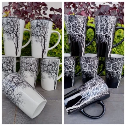 6 pcs Ceramic Tree Engraving Mugs Set Durable