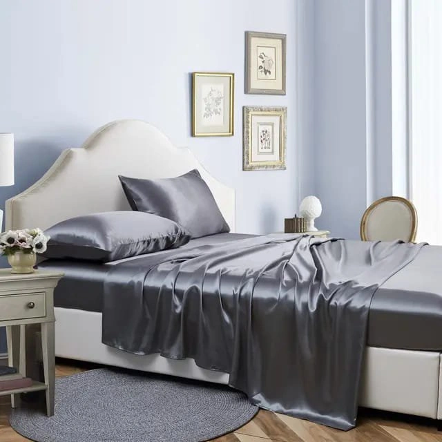 King Size Mulberry Silk Fitted Bedsheet Set 6-Piece – Grey, 6-by-7