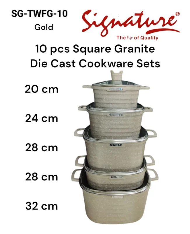 10-Piece Signature Square Granite Die Cast Cookware Set – Gold