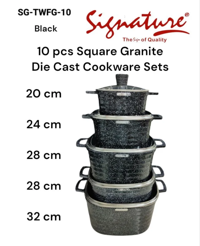 10-Piece Signature Square Granite Die Cast Cookware Set – Black