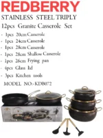 12pcs REDBERRY Stainless Steel Triply Granite Casserole Set – Black