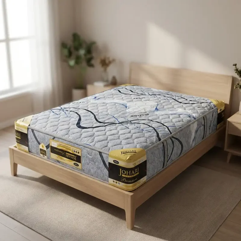 A wooden bed frame with a gray patterned mattress labeled Johari Premium in a bright, minimalist bedroom.