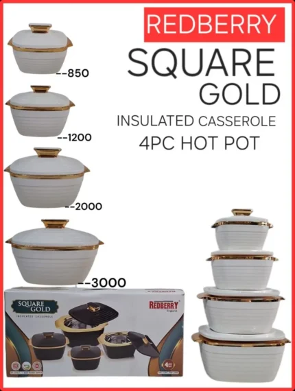 4pc Redberry Square Gold Insulated Hotpot Set | Smart Enterprise – White
