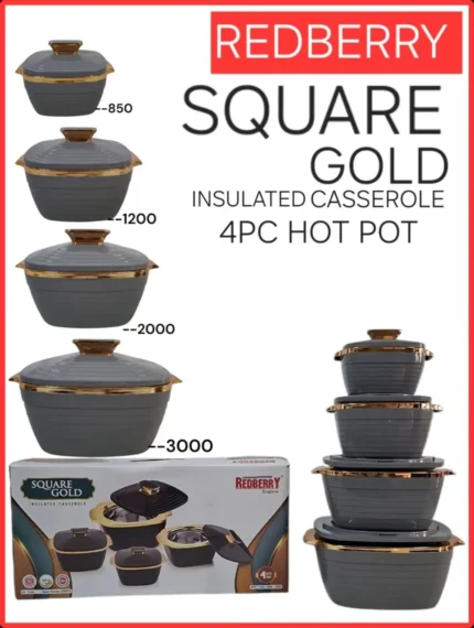 4pc Redberry Square Gold Insulated Hotpot Set | Smart Enterprise – Grey