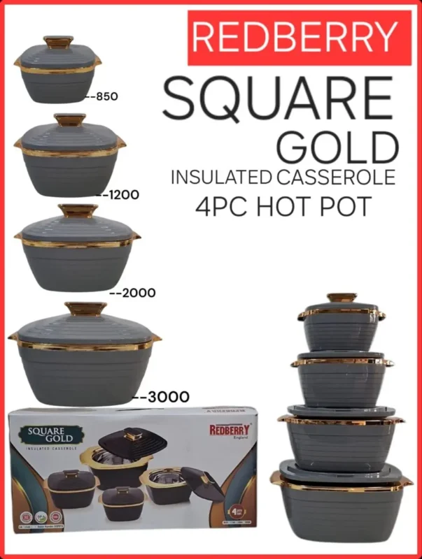 4pc Redberry Square Gold Insulated Hotpot Set | Smart Enterprise – Grey