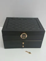 3 Layer Jewelry Storage Box Black Leather