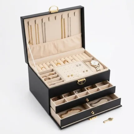 3 Layer Jewelry Storage Box Black Leather