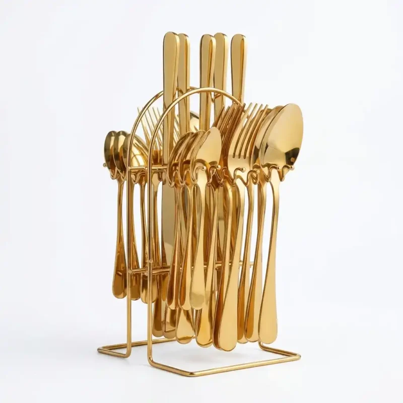 24-Piece Gold Stainless Steel Cutlery Set with Stand
