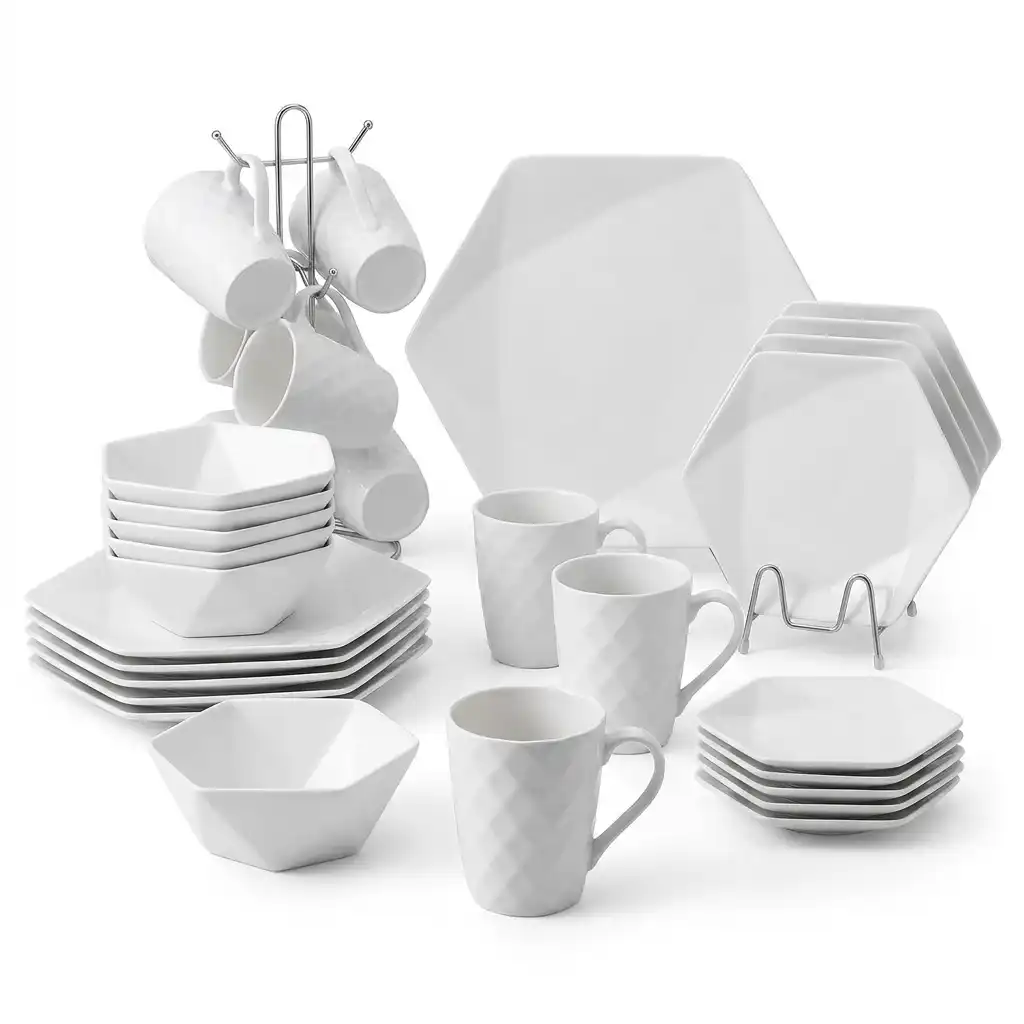 24-Piece Hexagon Ceramic Dinner Set Plates Cups 24-Piece Hexagon Ceramic Dinner Set Plates Cups