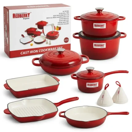 13-Piece Enamel Coated Cast Iron Cookware Set – Red