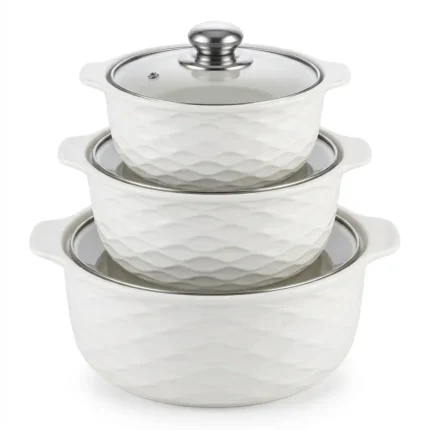 3 Piece Ceramic Serving Bowls with Glass Covers