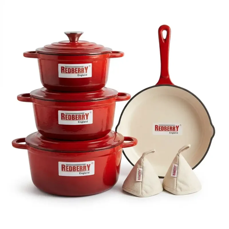 9-Piece REDBERRY Enamel Coated Cast Iron Cookware Set – Red