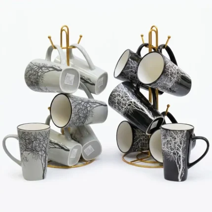 6 pcs Ceramic Tree Engraving Mugs Set Durable