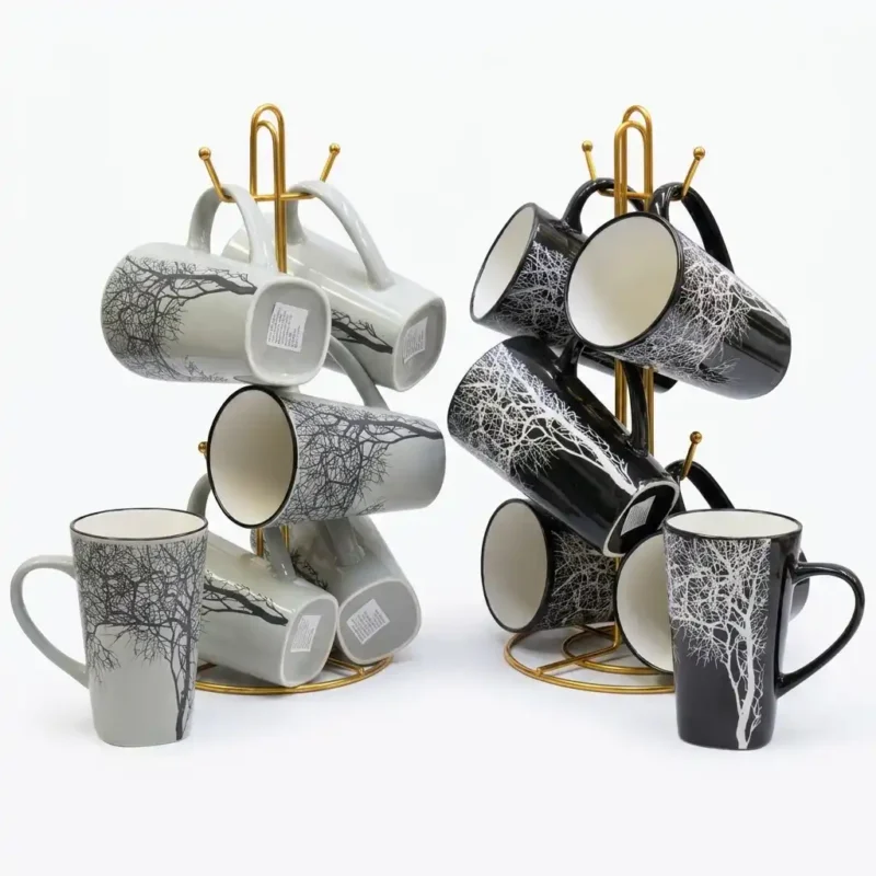 6 pcs Ceramic Tree Engraving Mugs Set Durable