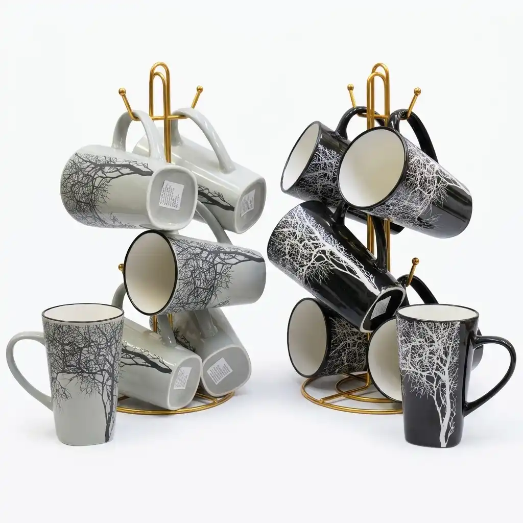6 pcs Ceramic Tree Engraving Mugs Set Durable